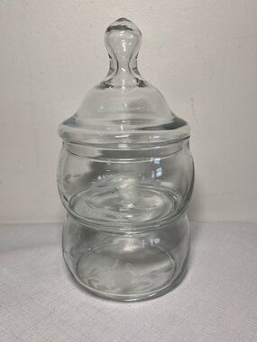 Vintage Clear Glass Two-Tier Canister with Lid - Etched Leaf Detail